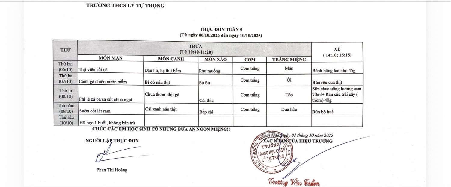 thực đơn tuần 5